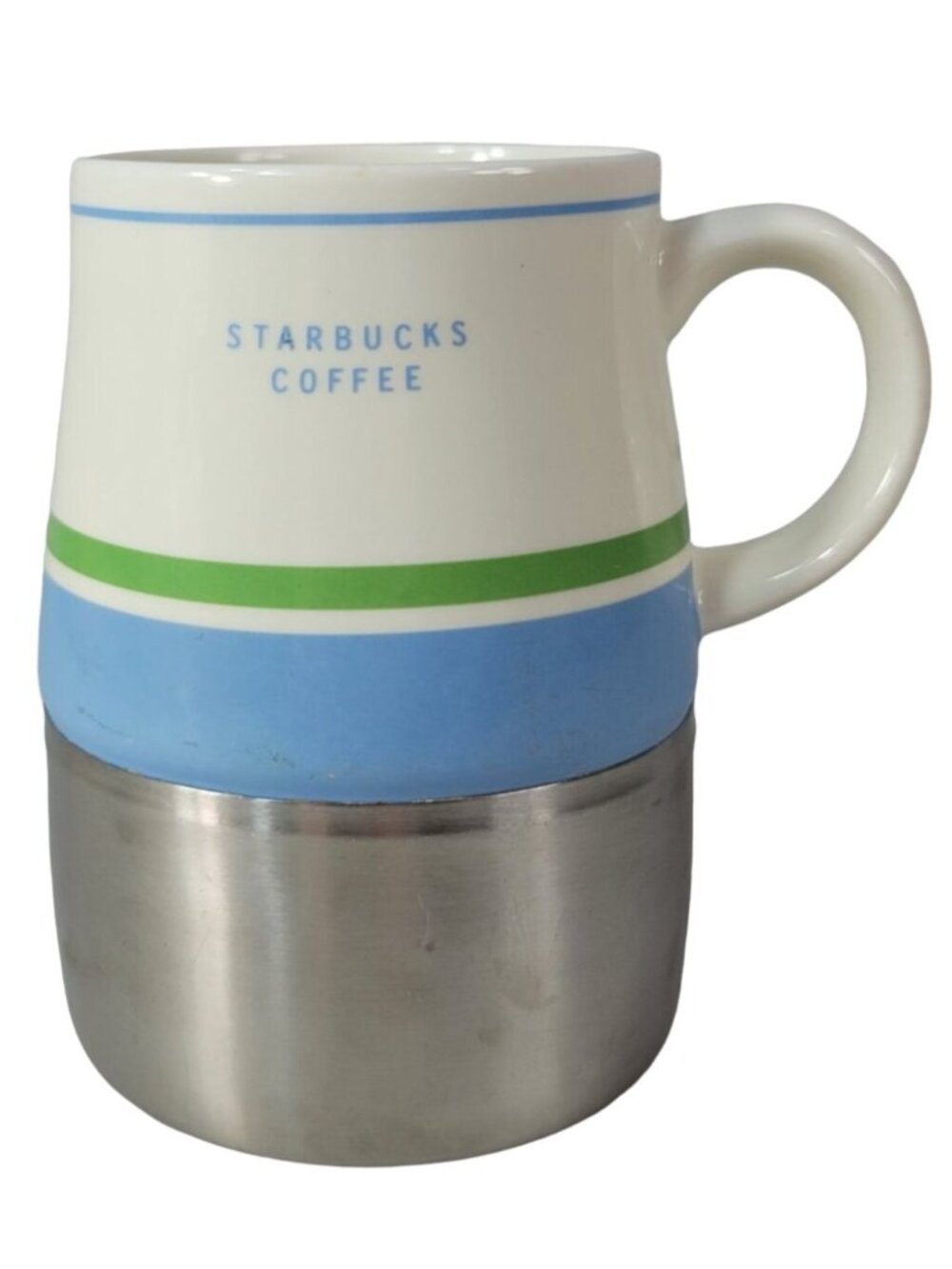 Starbucks Stainless Steel Travel Mug Cream Blue Green Stripe Ceramic No Lid 2005